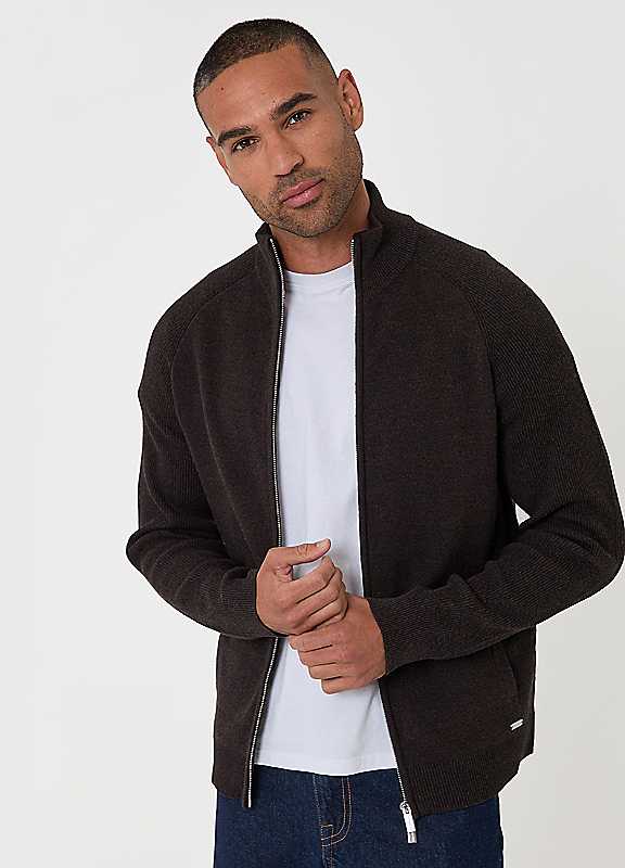 Threadbare Chocolate Brown Cotton Rich Funnel Neck Zip Through Sweatshirt In