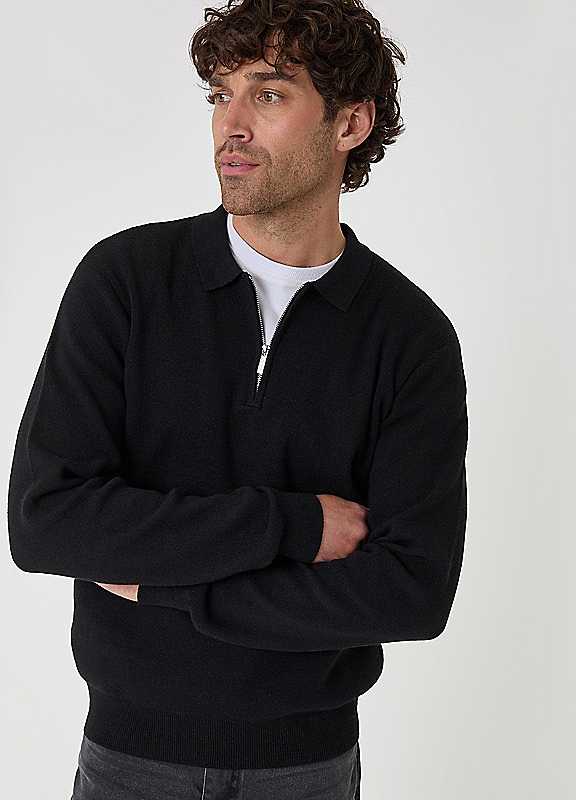 Threadbare Men's Black Cotton Rich Quarter Zip Long Sleeve Polo In | Size: Xl - Image 2