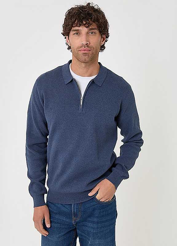 Threadbare Men's Blue Cotton Rich Quarter Zip Long Sleeve Polo In | Size: 2XL - Image 3