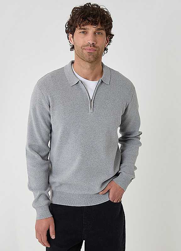 Threadbare Men's Grey Cotton Rich Quarter Zip Long Sleeve Polo In Marl - Image 2