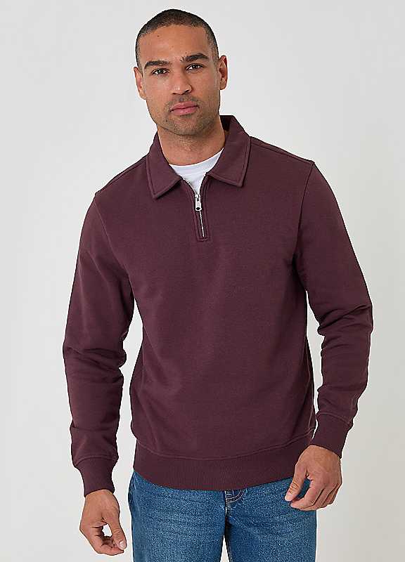 Threadbare Men's Purple Cotton Rich Quarter Zip Polo Sweatshirt In Plum - Image 2