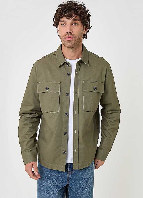Threadbare Men's Green Cotton Twill Shacket With Pockets In Olive - Image 2