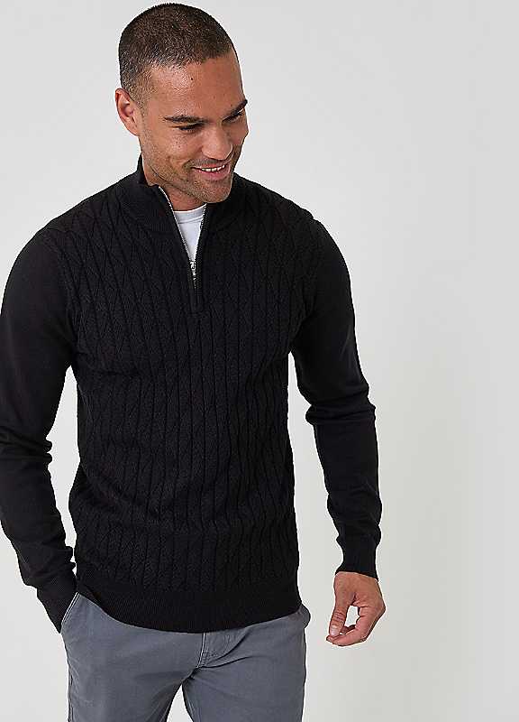 Threadbare Black Diamond Cable Knit Quarter Zip Jumper In
