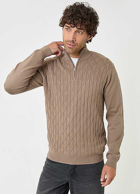 Threadbare Men's Beige Diamond Cable Knit Quarter Zip Jumper In | : Large - Image 2