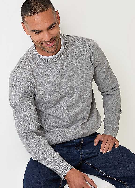 Threadbare Men's Grey Diamond Textured Crew Neck Jumper In Marl - Image 2