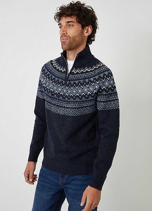 Threadbare Men's Navy Fairisle Quarter Zip Knitted Jumper In | Size: 2XL - Image 2