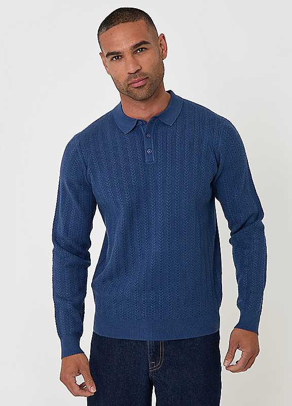 Threadbare Men's Blue Textured Cable Knit Polo Jumper In Denim - Image 2