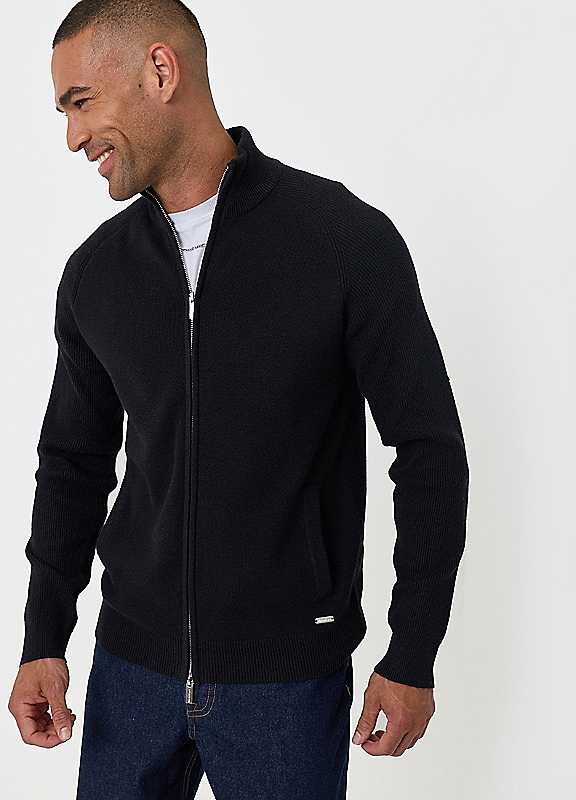 Threadbare Men's Black Knitted Zip Up Funnel Neck Cardigan In | Size: Large - Image 2