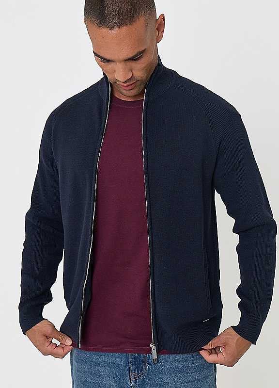 Threadbare Navy Knitted Zip Up Funnel Neck Cardigan In
