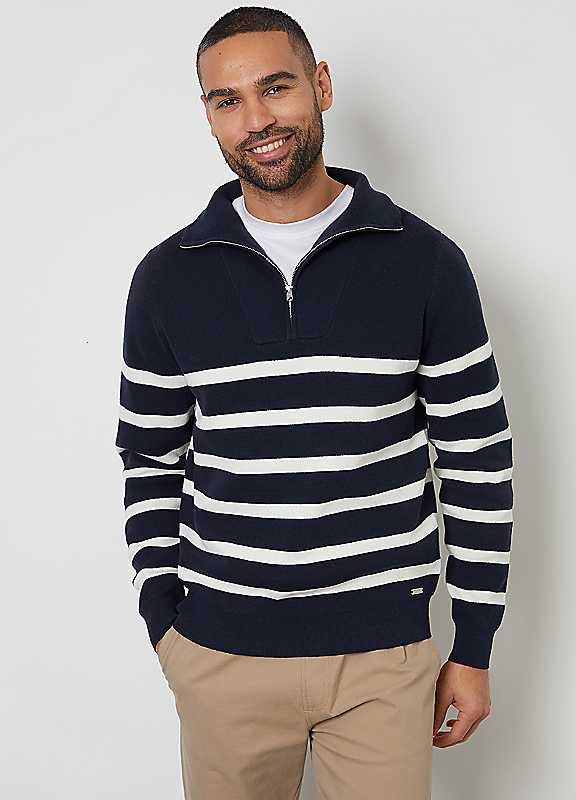 Threadbare Navy Striped Quarter Zip Knitted Jumper Large
