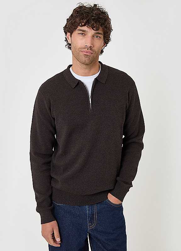 Threadbare Men's Brown Cotton Rich Quarter Zip Long Sleeve Polo In | : Small - Image 2