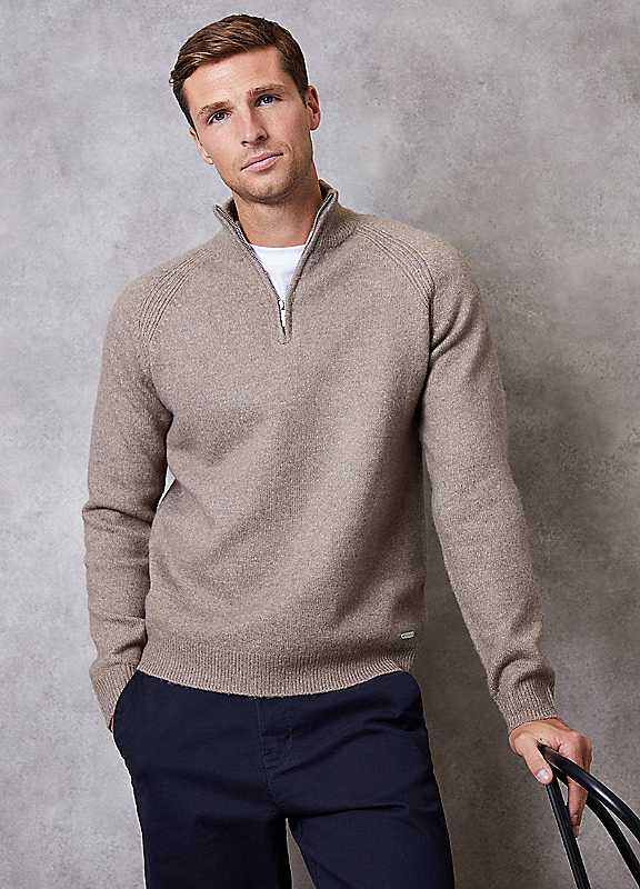 Threadbare Taupe Raglan Rib Quarter Zip Knitted Jumper In