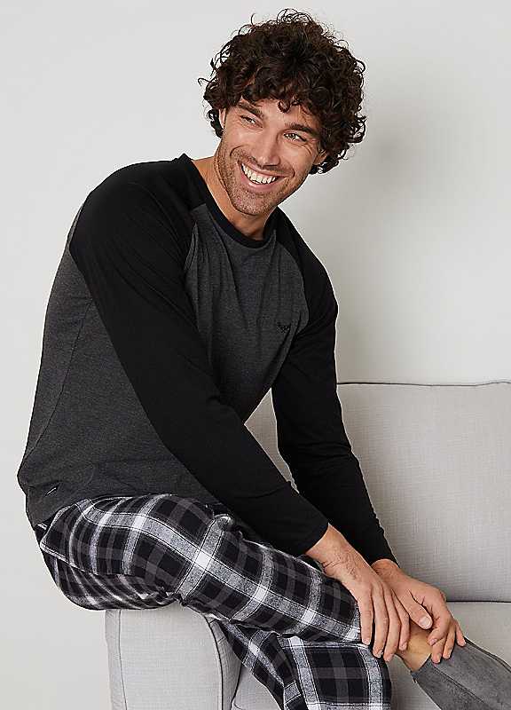 Threadbare Men's Charcoal Raglan Sleeve & Pant Pyjamas Set In Grey Check - Image 3