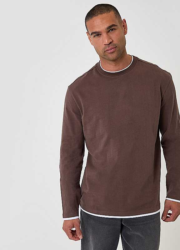Threadbare Chocolate Brown Relaxed Fit Mock Layer Long Sleeve T-Shirt In