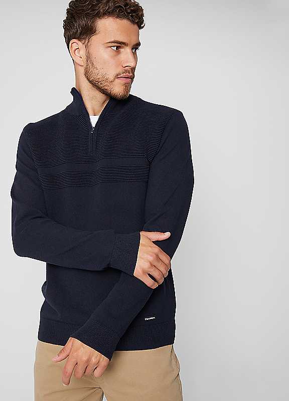 Threadbare Navy Rib Detail Knitted Quarter Zip Jumper