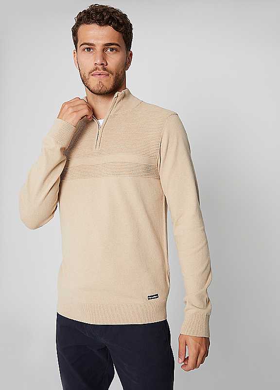 Threadbare Stone Rib Detail Knitted Quarter Zip Jumper