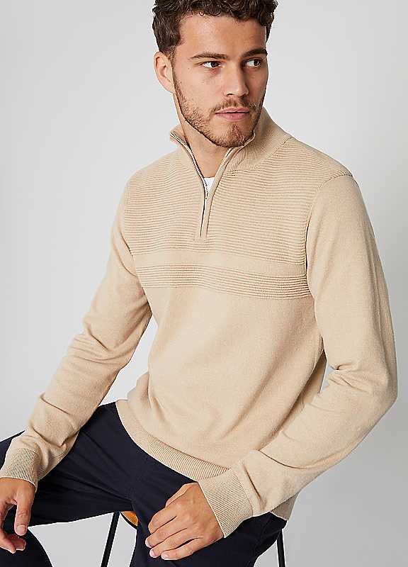 Threadbare Stone Rib Detail Knitted Quarter Zip Jumper