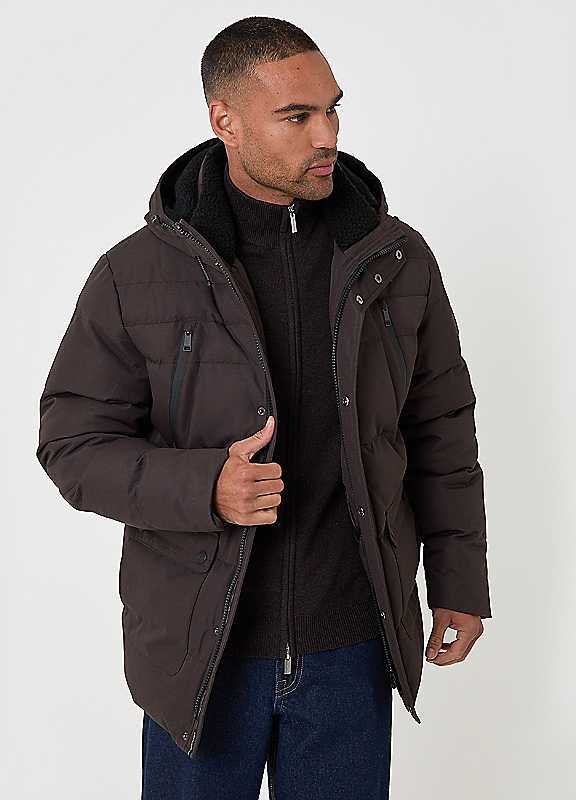 Threadbare Men's Brown Showerproof Hooded Puffer Coat With Borg Lined Hood In | : 2XL - Image 3
