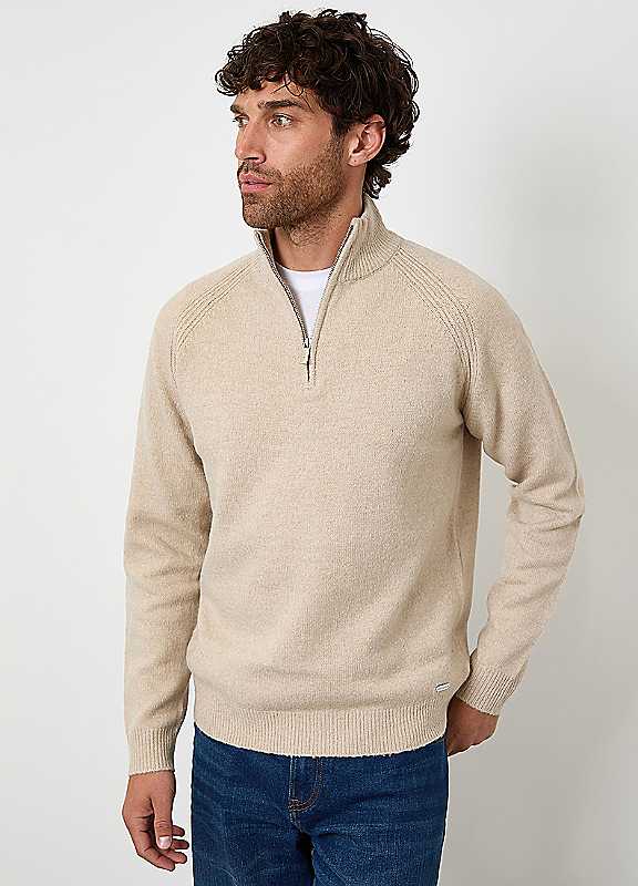 Threadbare Stone Raglan Rib Quarter Zip Knitted Jumper