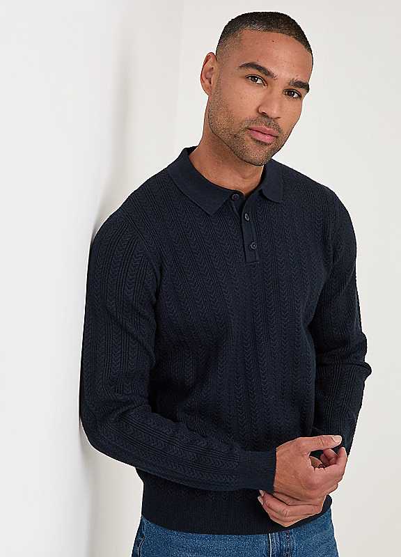 Threadbare Men's Navy Blue Textured Cable Knit Polo Jumper - Image 4