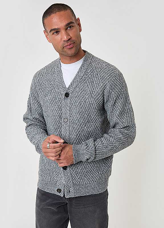 Threadbare Men's Grey Textured Stitch V Neck Cardigan In | Size: Small - Image 2