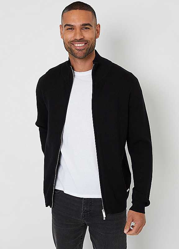 Threadbare Men's Black Zip-Through Funnel Neck Knitted Cardigan In | : Extra Large - Image 2