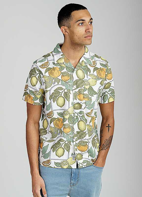 Cotton Poplin Mens Button-Up Citrus Print Shirt - - Image 3