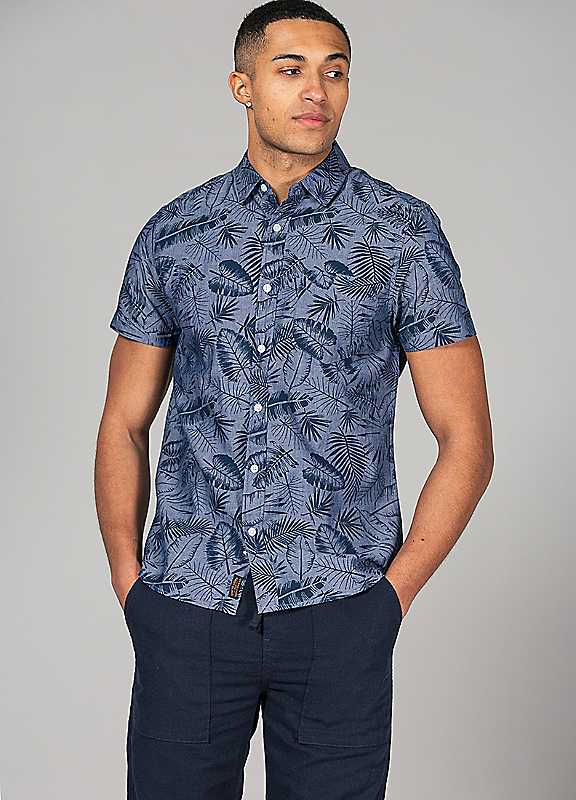 Tokyo Laundry Mens Blue Printed Chambray Short-Sleeve Shirt - Size Large - Image 2