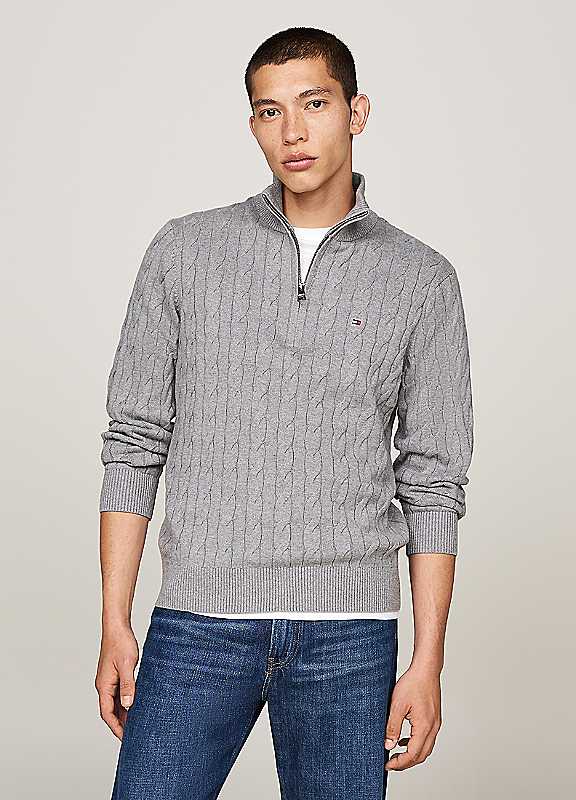 Tommy Hilfiger Men's Cotton 1/4-Zip Mock-Neck Cable Knit Jumper - Grey - L - Image 6