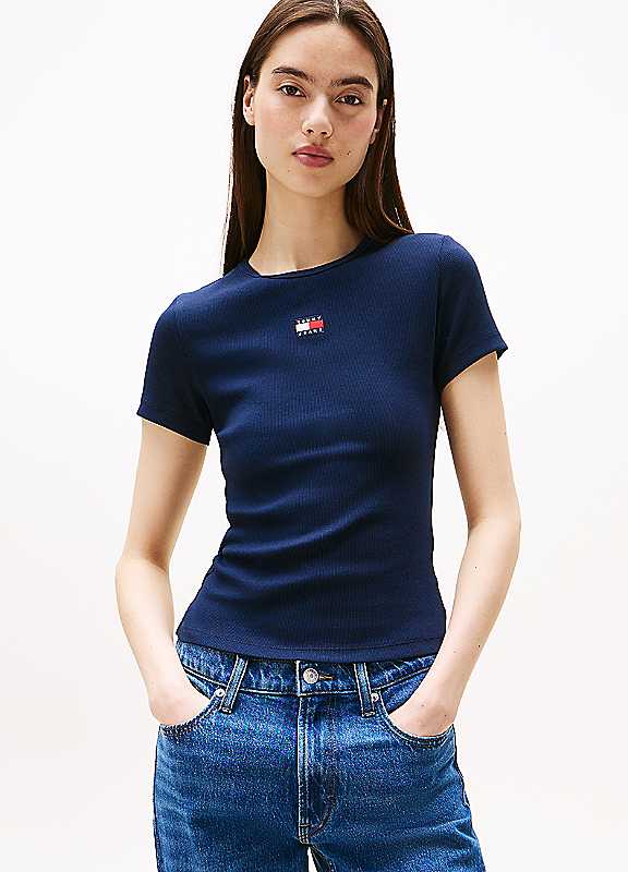 Tommy Jeans Tommy Badge Slim Ribbed T-shirt, Blue, Size S, Women - Image 3