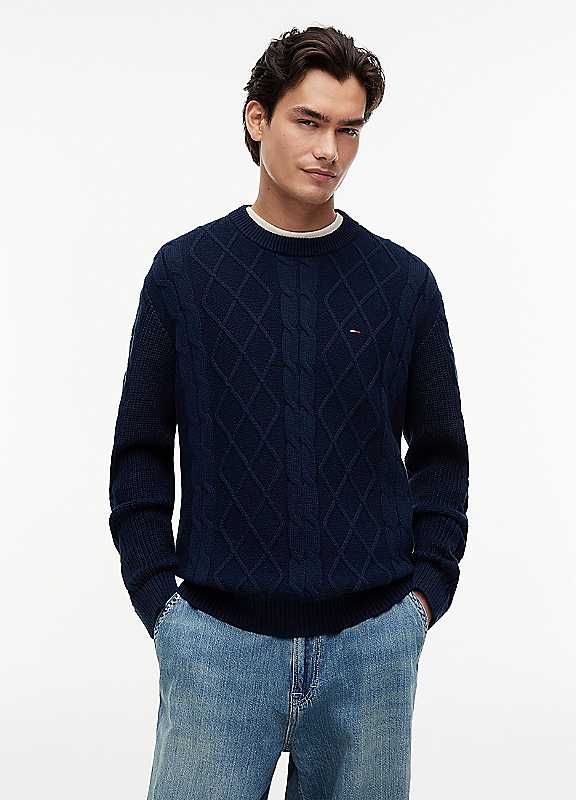 Tommy Jeans , Round-Neck Knitwear, Male, Blue, Xl, Flag Cable Knit Jumper - Image 4