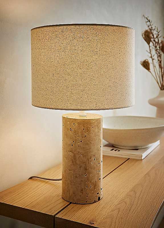 Valuelights Unisex Cream Cloe Marble Effect Natural Table Lamp With Drum Shade In - Image 3