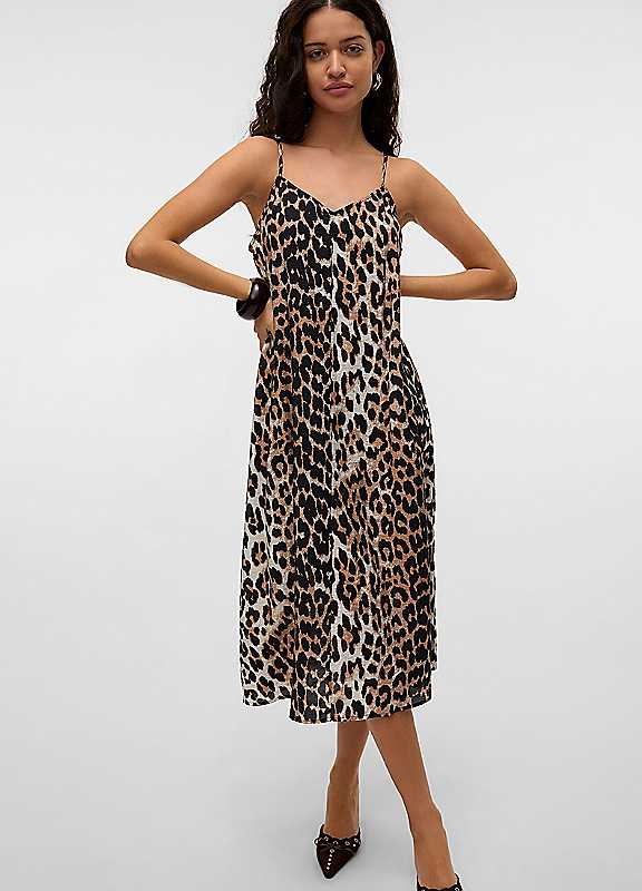 Vero Moda Leopard Print Spaghetti Strap Midi Dress Medium