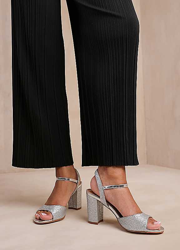 Where's That From Silver Florence Mid High Heels With Ankle Strap In Glitter Size 8