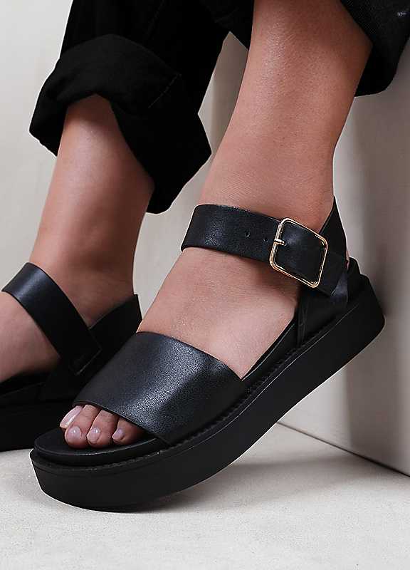 Where's That From Black Phoenix Buckle Flat Sandals Size 7