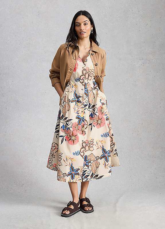 White Stuff Women's Ivory Print Kate Button Through Midi Dress