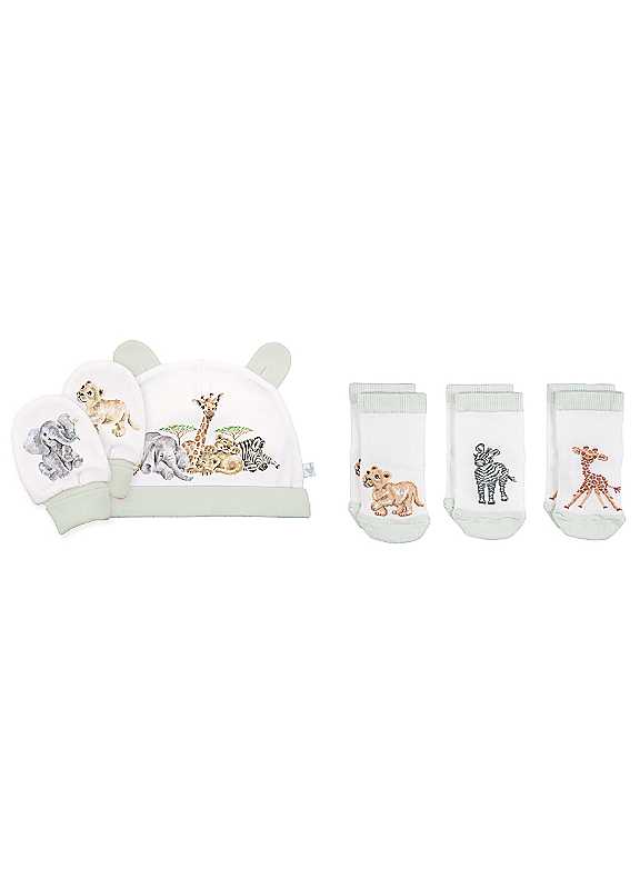 Wrendale White/Grey/Brown Designs Little Savannah Hat Mitten Set Sock Bundle Infant
