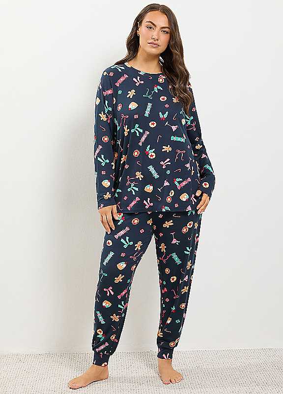 Yours Women's Mid Navy Christmas Soft Touch Pyjama & Eye Mask Set In | : 18/20 - Image 2