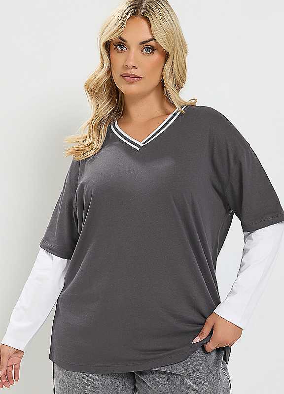Yours Women's Grey 2-In-1 Varsity Top In Size 12 - Image 5