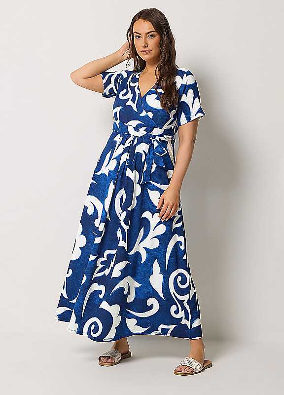 Yours Women's Blue Curve Abstract Wrap Front Dress