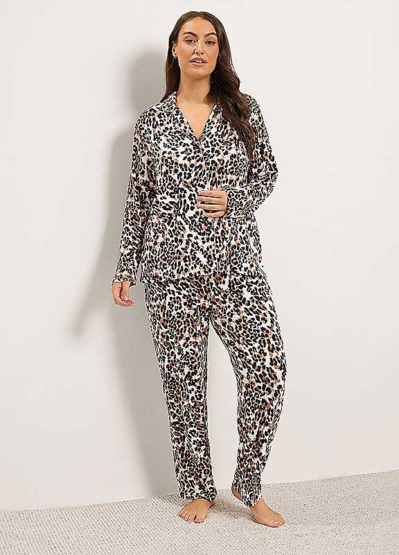 Yours Women's Brown Animal Print Soft Touch Pyjama Set In | Size: 30-32 - Image 6