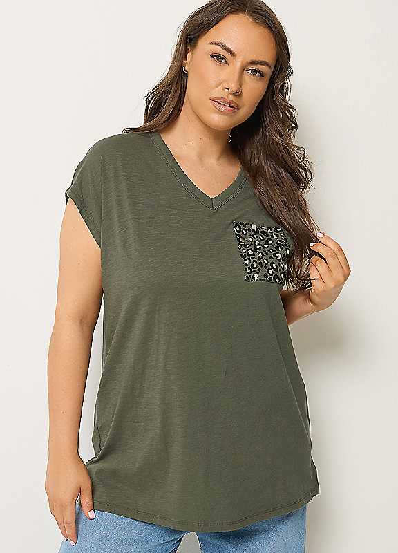 Yours Women's Olive Animal Stud Pocket T-Shirt In | Size: 14 - Image 2