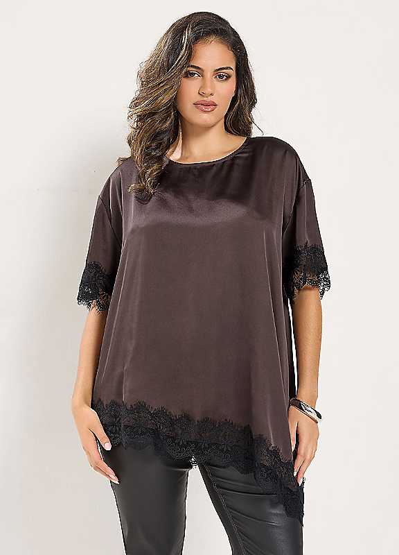 Yours Women's Chocolate Asymmetric Lace Hem Top In | Size: 26/28 - Image 6