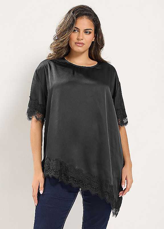 Yours Women's Black Asymmetric Lace Hem Top In Size 26-28 - Image 6