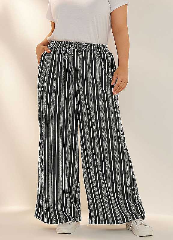 Yours Black Curve Stripe Textured Wide Leg Trousers