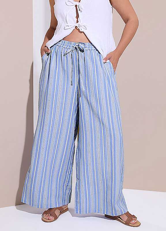Yours Blue Curve Textured Stripe Wide Leg Trousers