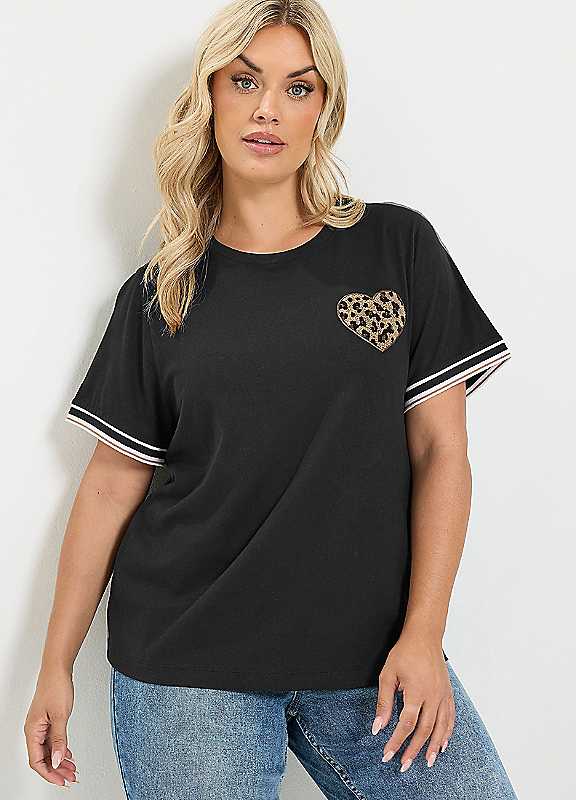 Yours Women's Boucle Leopard Heart T-Shirt in Black | Size: 26-28 - Image 6