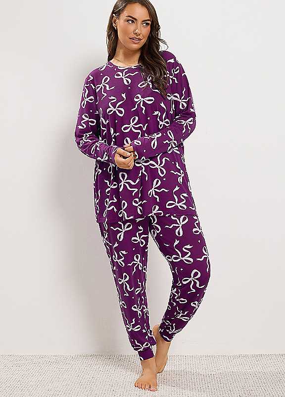 Yours Women's Purple Soft Touch Bow Pyjama Set In | Size: 18/20 - Image 6