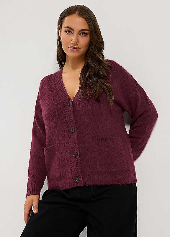 Yours Women's Brushed Boyfriend Cardigan Sweater in Burgundy | Size: 14-16 - Image 2
