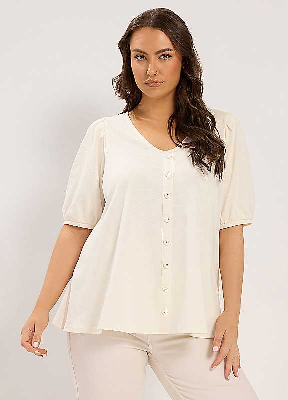 Yours Women's Button Front Puff Sleeve Top in Ivory | Size: 22-24 - Image 3